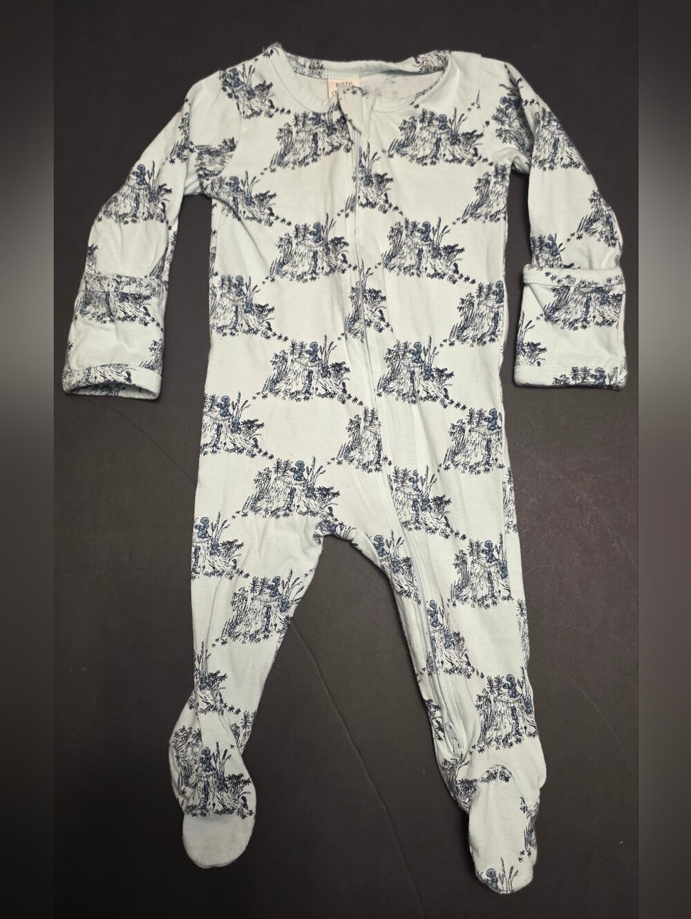 kate quinn White and Blue Toile Baby Footed One-Piece 3-6m